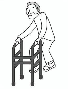 歩行器で歩く高齢者-正面モノクロ 歩行器,高齢者,歩行,補助,福祉,器具,用具,モノクロ,移動,歩くのイラスト素材