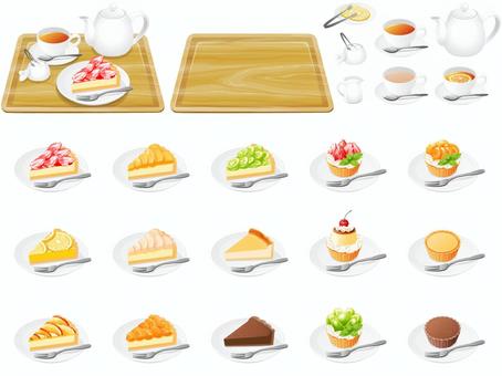 タルトと紅茶のセット タルト,紅茶,スイーツ,飲み物,食べ物,いちご,レモン,りんご,黄桃,白桃のイラスト素材