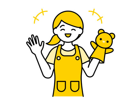 パペットを使うエプロン姿の女性02 人物,女性,20代,30代,40代,保育士,幼稚園教諭,介護士,介護福祉士,幼稚園のイラスト素材