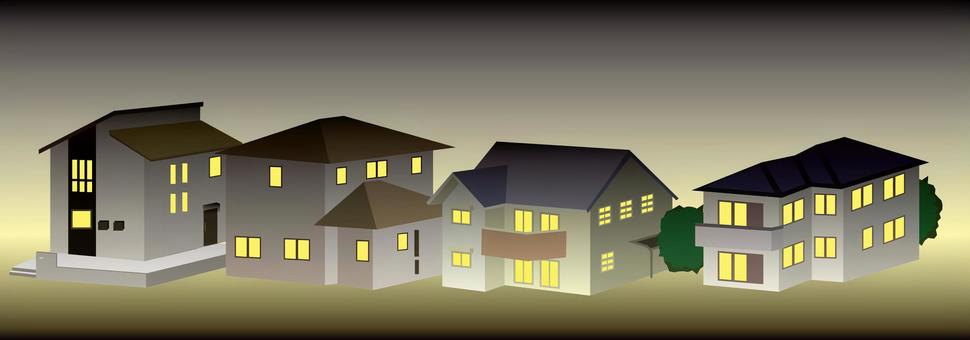 夜-住宅地　　 夜,住宅地,明かり,電気,生活,住宅,一軒家,屋根,窓,暗いのイラスト素材