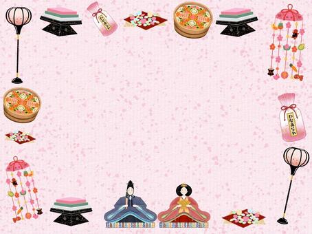 ひなまつりフレーム3 背景あり ひなまつり,雛祭り,桃の節句,おひなさま,お雛様,雛人形,手描き,やさしい,かわいい,春のイラスト素材