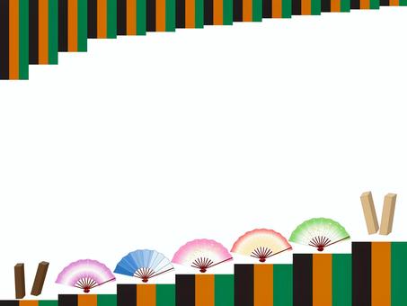 歌舞伎フレーム舞扇・柝(拍子木)・定式幕 歌舞伎,フレーム,背景,壁紙,舞扇,幕,拍子木,柝,伝統,和風のイラスト素材