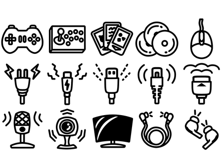 ゲーム周辺機器と配信機材のアイコン　白黒 ゲーム,実況,動画配信,コントローラー,ソフト,マウス,ケーブル,コンセント,usb,typecのイラスト素材