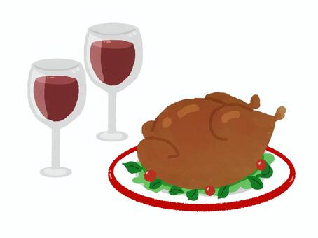 クリスマスのご馳走ディナーとワイン クリスマス,感謝祭,七面鳥,丸焼き,赤ワイン,酒,アルコール,ディナー,ターキー,アメリカのイラスト素材