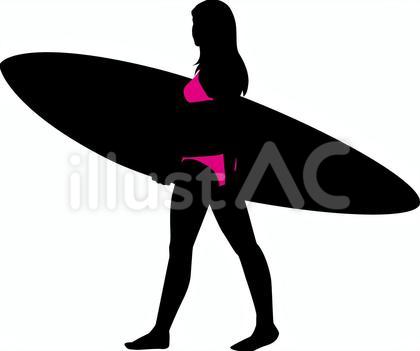 シルエット_サーフボードと女性_マゼンタ