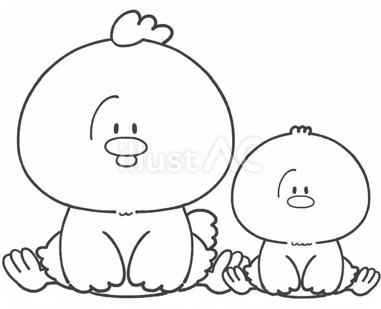 かわいいニワトリとヒヨコの白黒イラスト ニワトリ,白黒,ヒヨコのイラスト素材