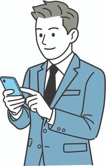 スマホを手に持ち検索するビジネスマン スマートフォン,スマホ,アイフォン,アンドロイド,ディスプレイ,男性,会社員,ビジネスマン,サラリーマン,検索のイラスト素材