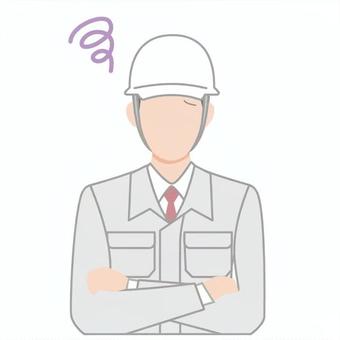 悩みがあるヘルメットを被った作業服の男性 悩む,困る,トラブル,ヘルメット,作業員,工務店,作業服,ネクタイ,シャツ,ユニフォームのイラスト素材