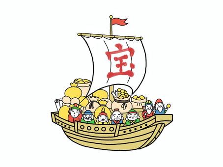 宝船と七福神の縁起の良い新年 宝船,宝,船,七福神,正月,新年,縁起物,大黒天,恵比寿,毘沙門天のイラスト素材