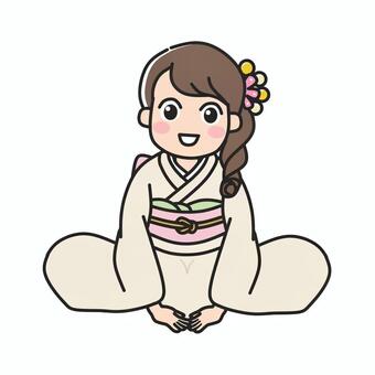 ベージュ系の着物で正座して挨拶する女性 着物,無地,和装,お辞儀,挨拶,いらっしゃいませ,出迎え,ありがとう,正座,大和撫子のイラスト素材