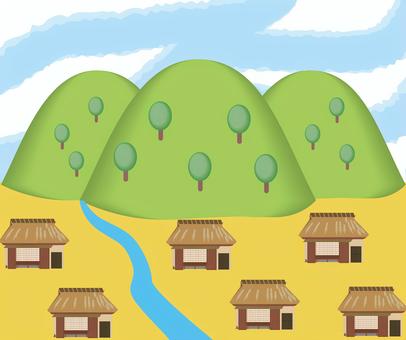 昔集落　 昔,風景,集落,村,民家,川,山,自然,空,景色のイラスト素材