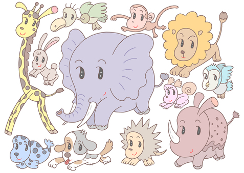 色んな動物キャラクター 動物,象,ライオン,キリン,うさぎ,犬,アザラシ,サイ,猿,コンドルのイラスト素材
