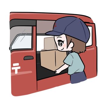 車に荷物を積める郵便やさんの女性 郵便,配達,郵便やさん,荷物,届ける,配達員,車,人物,人,仕事のイラスト素材