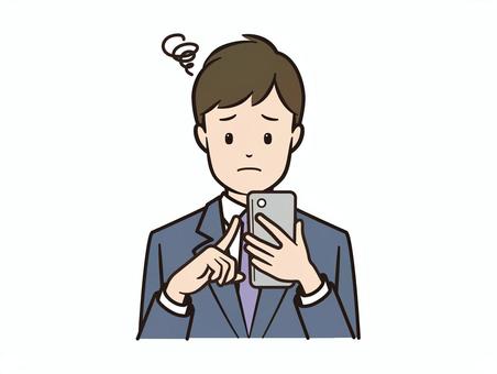スマホ操作に困惑するビジネスマン スマホ,スマートフォン,ビジネス,ビジネスマン,サラリーマン,携帯電話,モバイル,アプリ,sns,困るのイラスト素材