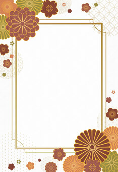 和の花柄の年賀状 縦書き オレンジ,緑,茶色,花柄,新年,謹賀新年,菊,梅,桜,鹿の子のイラスト素材