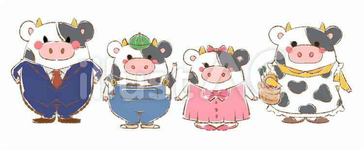 うし　４人家族　娘と息子　ラフタッチ うし,家族,年賀状のイラスト素材