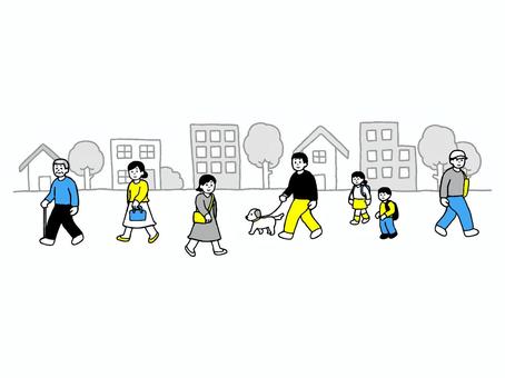 街並みと人物のイラスト 人物,外出,住宅街,街並み,男性,女性,子供,徒歩,シニア,老人のイラスト素材