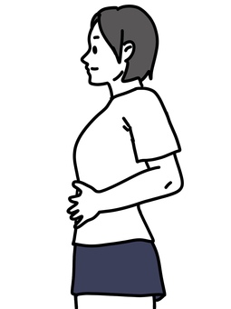 お腹に手を当てる女性 女性,横向き,側面,お腹,さする,当てる,マッサージ,押さえる,深呼吸,上半身のイラスト素材