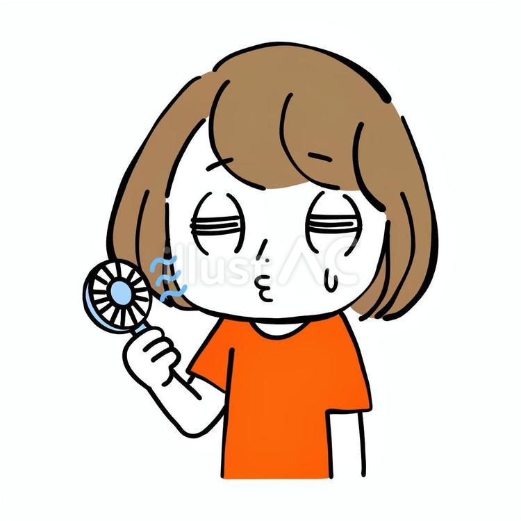 携帯扇風機を使って涼んでいる女性 携帯扇風機,扇風機,涼しいのイラスト素材