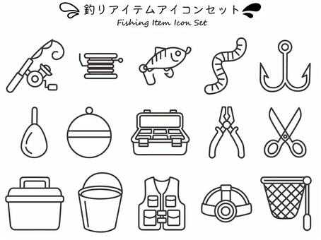 線画で描く魚釣りアイテム整理収納アイコン 釣り,釣り竿,リール,ワーム,虫,釣り針,錘,重し,道具箱,ペンチのイラスト素材