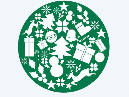 円の中のクリスマスモチーフ（緑） クリスマス,モチーフ,ヒイラギ,ベル,プレゼント,トナカイ,オーナメント,丸,ブーツ,雪だるまのイラスト素材