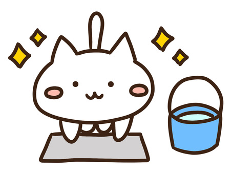 雑巾がけで掃除するかわいい白ねことバケツ 雑巾がけ,雑巾,掃除,清掃,床,きれい,ピカピカ,バケツ,水,ねこのイラスト素材