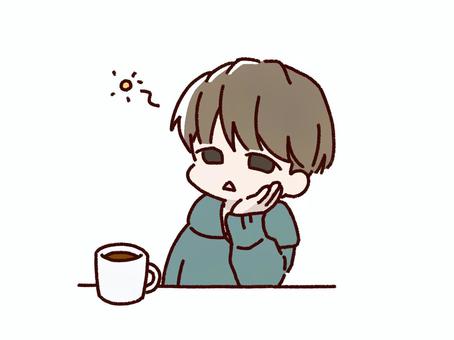 ぼんやりする人（茶髪緑） ぼんやり,パーカー,ショートヘア,茶髪,眠い,空虚,お茶,コーヒー,マグカップ,緑のイラスト素材