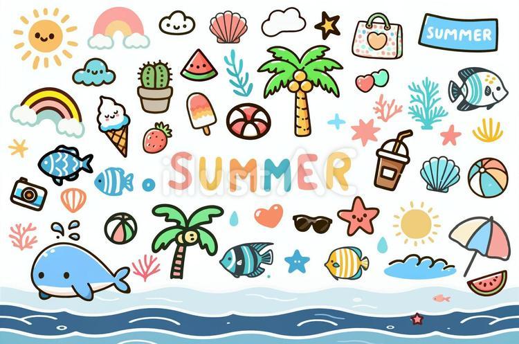 フリーカット絵素材／夏のイメージセット絵 夏,海,サマーのイラスト素材