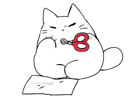 ツメ切る ねこ ねこ,白猫,爪切り,肉球,はさみ,眉間,主線あり,イメージ,動物,ゆるかわのイラスト素材
