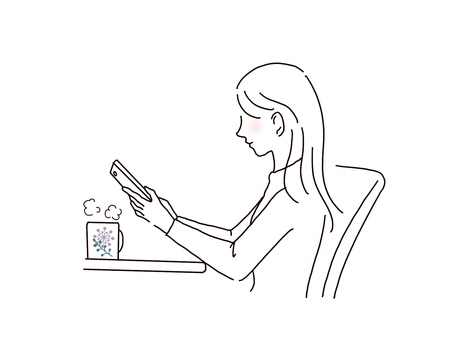 スマホを触る女性 スマホ,女性,触る,横顔,1人,座る,線画,白塗り,シンプル,マグカップのイラスト素材