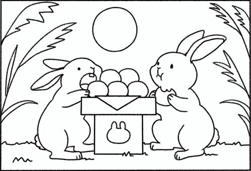 月より団子なうさぎさんの線画 クレヨン調,うさぎ,お月見,団子,すすき,9月,十五夜,生き物,食べ物,満月のイラスト素材