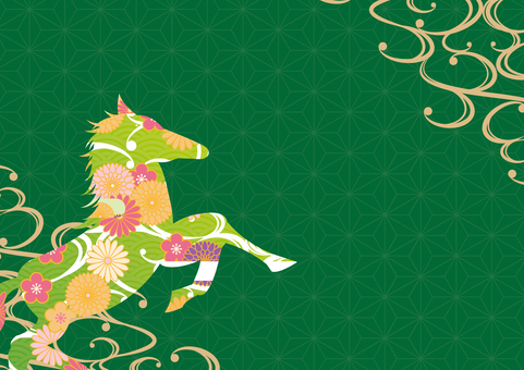 おしゃれな緑色の花柄の馬の和風素材 午年,正月,和風,和柄,馬,花,渦,曲線,背景のイラスト素材