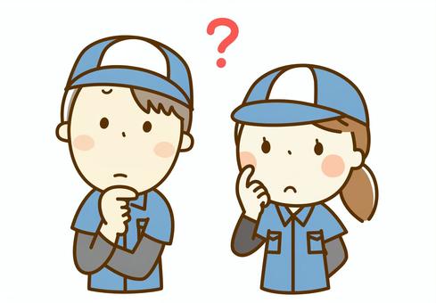 疑問を感じる作業服の男性と女性 作業員,疑問,謎,はてな,トラブル,どうしよう,困った,困る,心配,男性のイラスト素材