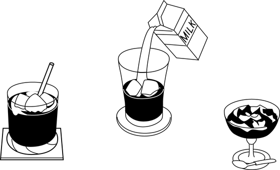 コーヒーセット コーヒー,飲み物,コーヒーゼリー,牛乳,夏イメージ,7月,8月,デザイン,デフォルメ,ポストカードのイラスト素材