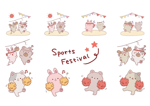 運動会セット 運動会,パン食い競争,徒競走,走る,応援,ポンポン,動物,猫,うさぎ,くまのイラスト素材