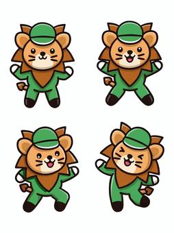 ライオン作業服キャラクターセット-緑色 ライオン,作業服,キャップ,キャラクター,帽子,元気,緑色,グリーンのイラスト素材