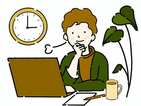 笑顔でパソコン作業を行う若い男性② パソコン,男性,仕事,働く,ノートパソコン,紙,鉛筆,ペン,時計,時間のイラスト素材