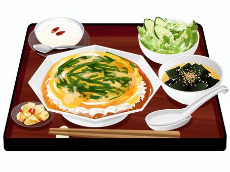 ニラ玉丼定食 ニラ玉丼,定食,中華料理,料理,食べ物,ニラ玉,卵,ご飯,米,ワカメスープのイラスト素材