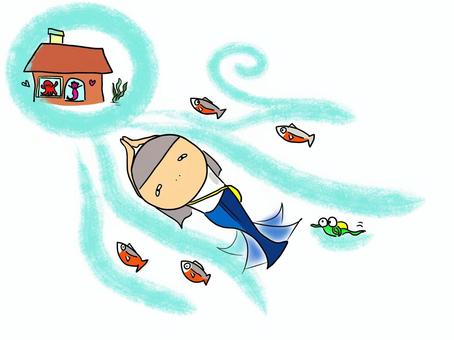 家に帰る　おかっぱ 女の子,おかっぱ,泳ぐ,鮭,家,帰るのイラスト素材