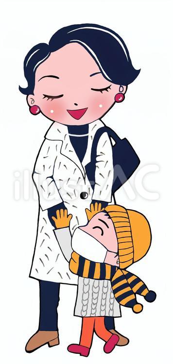 風邪の子どものお迎え 子ども,お母さん,風邪のイラスト素材