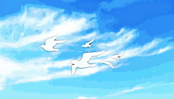 鳥飛ぶ 鳥,飛ぶ,群れ,空,雲,青い,風景,シルエットのイラスト素材