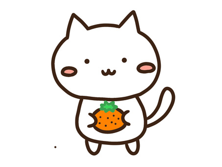 みかんを両手で持つかわいいゆるい白ねこ