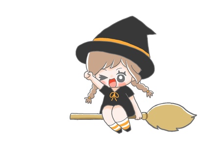 ほうきに乗る魔女っ子２ 手描き,女の子,茶髪,三つ編み,帽子,ほうき,乗る,魔女,魔女っ子,ハロウィンのイラスト素材