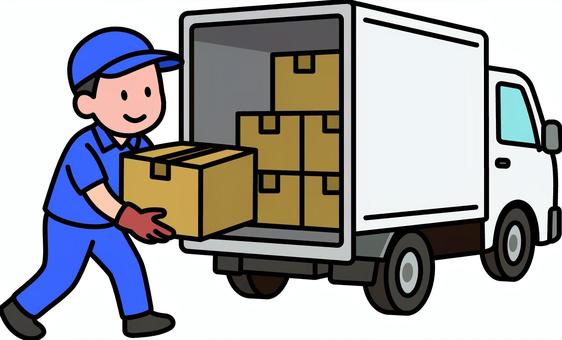 ネイビー作業員の積み込み作業です。 運搬,トラック,シンプル,荷物,積み込み,車両,物流,荷台,運送,荷役のイラスト素材