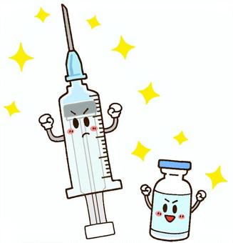 注射器とバイアル君（キラキラ） 注射,注射器,シリンジ,バイアル,ワクチン,医療機器,皮下注射,病院,クリニック,診療所のイラスト素材