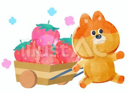 水彩画_ワゴンでイチゴを運ぶネコ_01