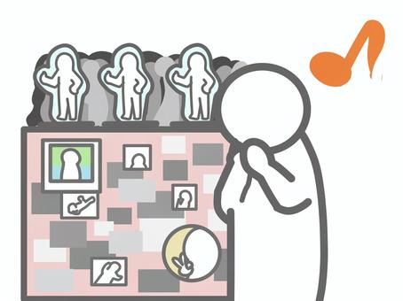 グッズをたくさん集める人　音符 推し活,ファン,オタク,おっかけ,音符,上機嫌,嬉しい,幸せ,アクリルスタンド,アクスタのイラスト素材