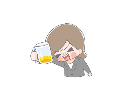 ぷはー　女性会社員１ 手描き,女性,茶髪,会社員,スーツ,ビール,飲み会,忘年会,新年会,打ち上げのイラスト素材