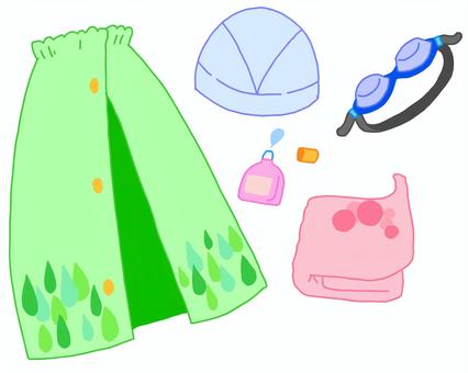水泳道具いろいろ 水泳道具,水泳キャップ,水中メガネ,目薬,タオル,巻きタオル,手描き,可愛いのイラスト素材