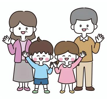 祖父母と孫_全身（カラー）  敬老,孫,祖父母,バイバイ,おじいちゃん,おばあちゃん,挙手,パー,家族,家庭のイラスト素材